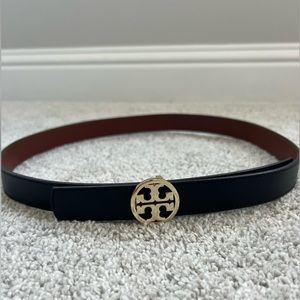 Tory Burch Miller Reversible Logo Belt Black Brown with Gold Buckle Size Small